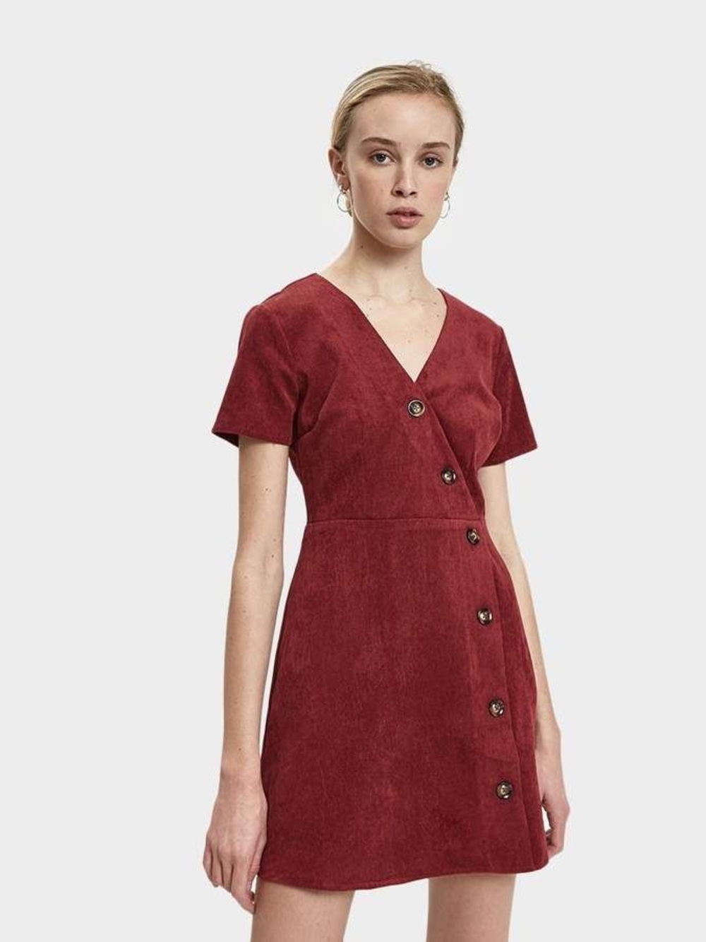 $79 Everly Wine Red Burgundy Corduroy V-neck Buttons Faux Wrap Mini Dress Size S